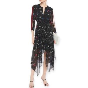 Maje Remix Asymmetric Paneled Floral Black Midi Dress 1 or Small